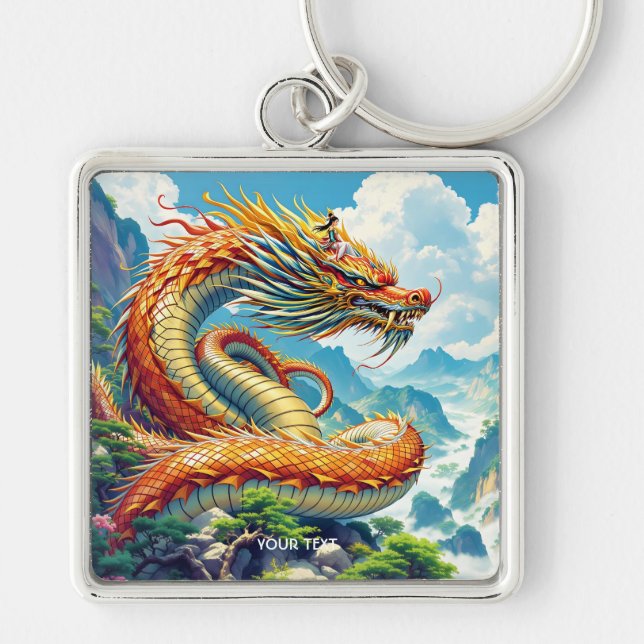 Fantasy Cute Orange Dragon Mountains Key Ring (Front)