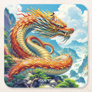 Fantasy Cute Orange Dragon Mountains Square Paper Coaster