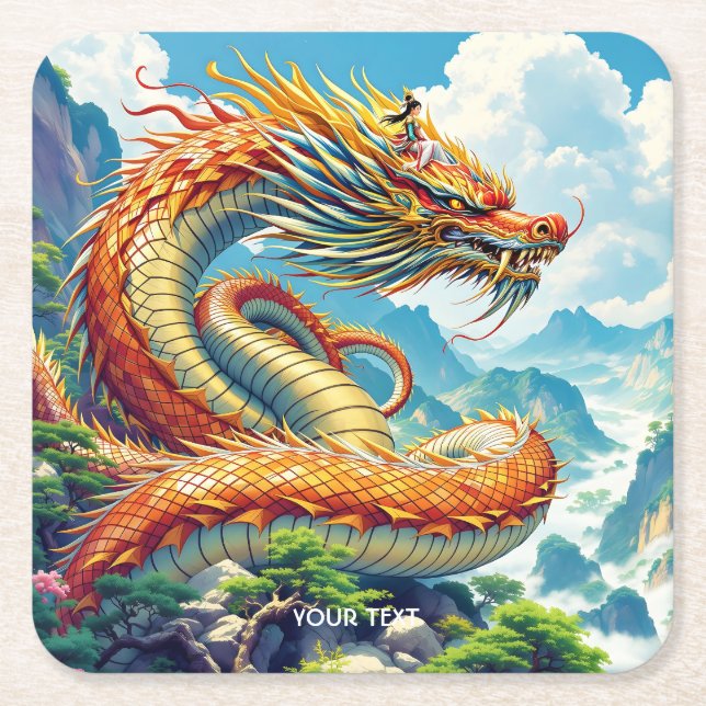 Fantasy Cute Orange Dragon Mountains Square Paper Coaster (Front)