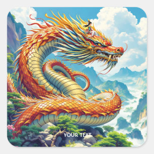 Fantasy Cute Orange Dragon Mountains Square Sticker