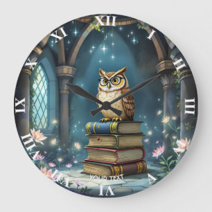 Fantasy Cute Owl Glasses Books Large Clock