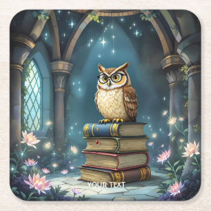 Fantasy Cute Owl Glasses Books Square Paper Coaster