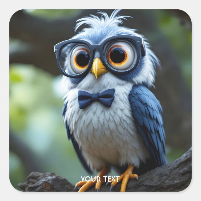 Fantasy Cute Owl Glasses Bow Square Sticker (Front)