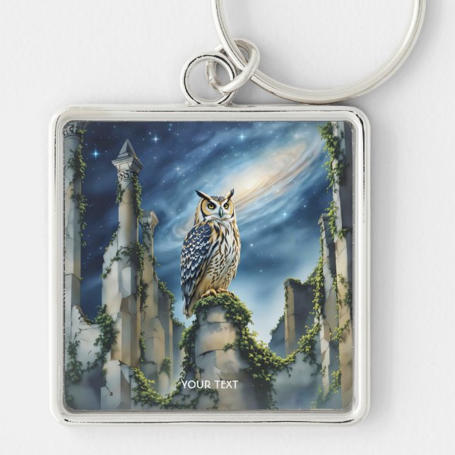 Fantasy Cute Owl Old Ruins Key Ring (Front)