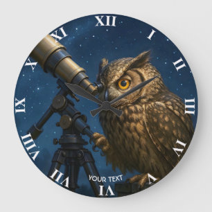 Fantasy Cute Owl Telescope Night Large Clock