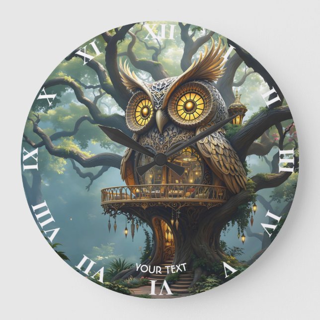 Fantasy Cute Owl Tree Forest Large Clock (Front)