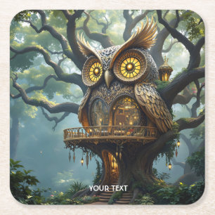Fantasy Cute Owl Tree Forest Square Paper Coaster