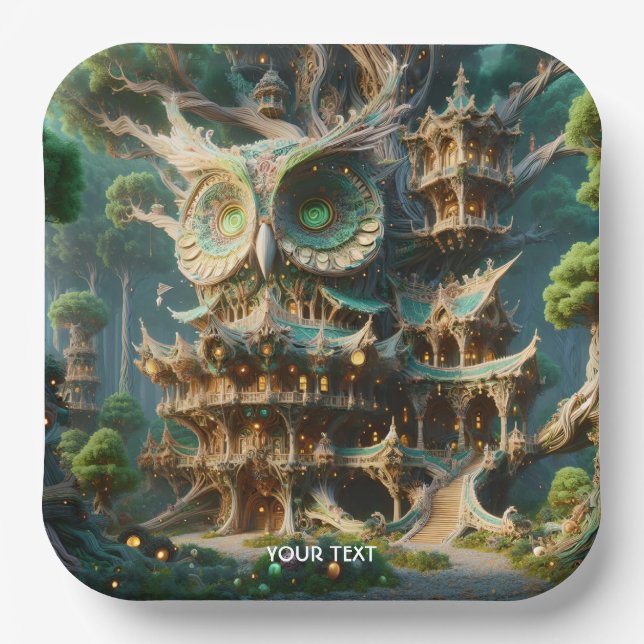 Fantasy Cute Owl Tree House  Paper Plate (Front)