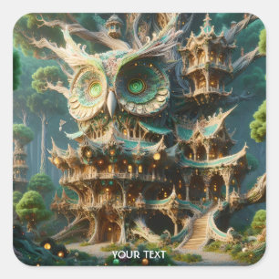 Fantasy Cute Owl Tree House  Square Sticker