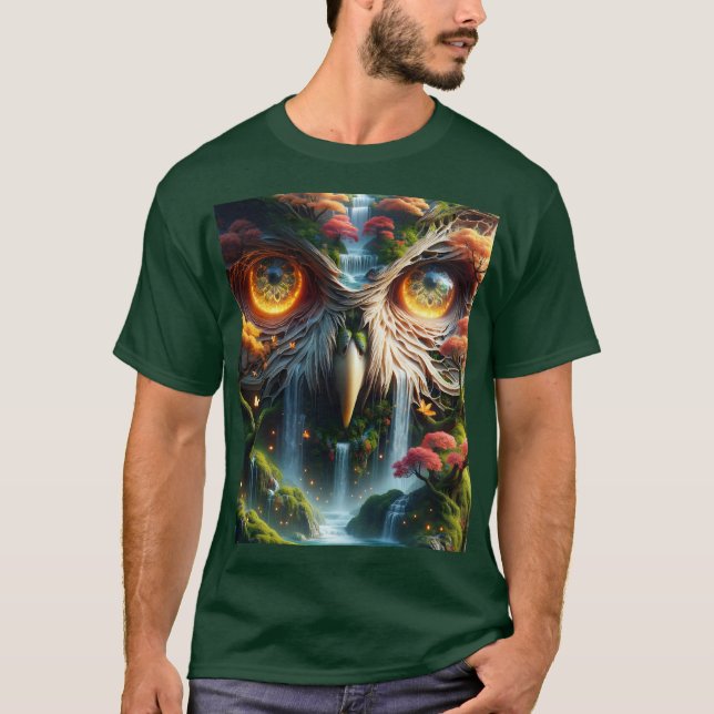 Fantasy Cute Owl Waterfall Trees T-Shirt (Front)