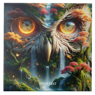 Fantasy Cute Owl Waterfall Trees Tile