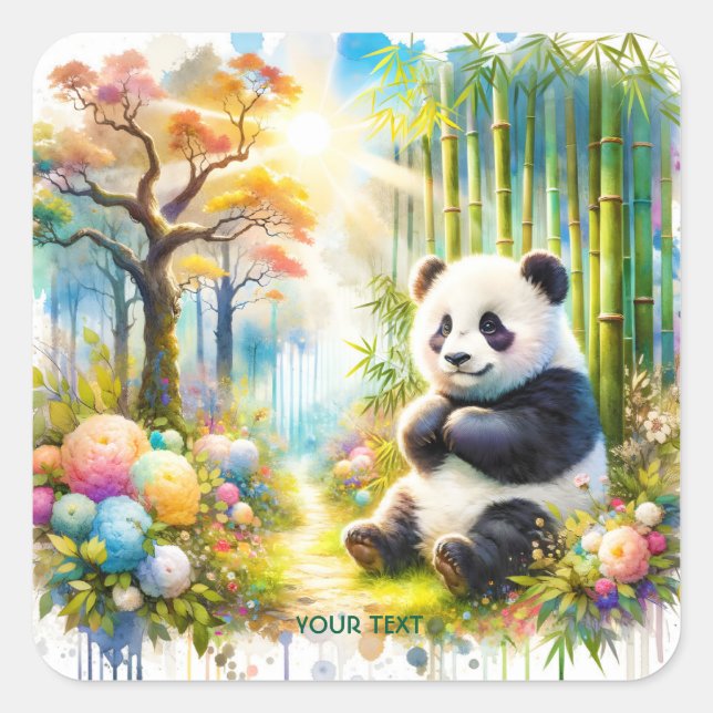Fantasy Cute Panda Bamboo Forest Square Sticker (Front)