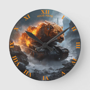Fantasy Cute Panther Tank Fire Round Clock