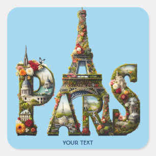 Fantasy Cute Paris Buildings Flowers Square Sticker