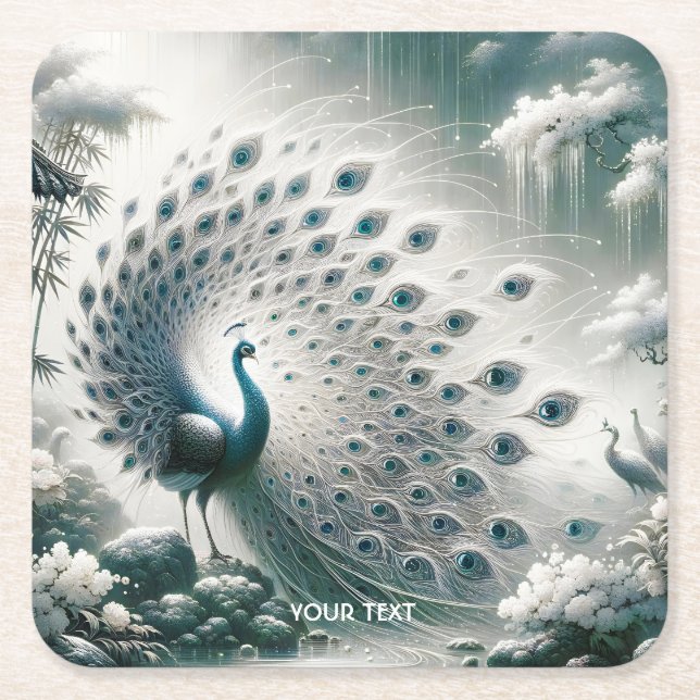 Fantasy Cute Peacock Rain Tree Square Paper Coaster (Front)