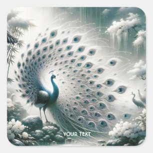 Fantasy Cute Peacock Rain Tree Square Sticker