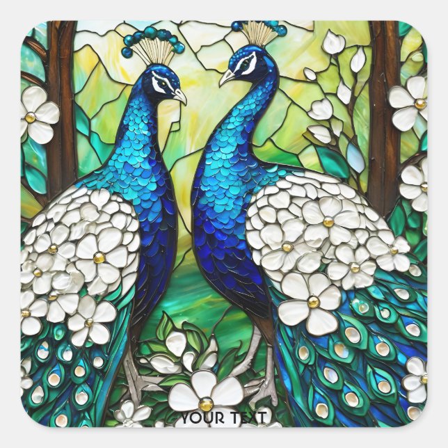 Fantasy Cute Peacock Stained Glass Square Sticker (Front)