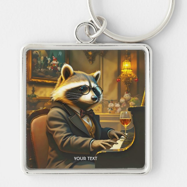 Fantasy Cute Piano Racoon Playing Key Ring (Front)