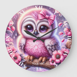 Fantasy Cute Pink Owl Sakura Large Clock