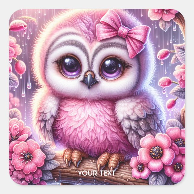 Fantasy Cute Pink Owl Sakura Square Sticker (Front)