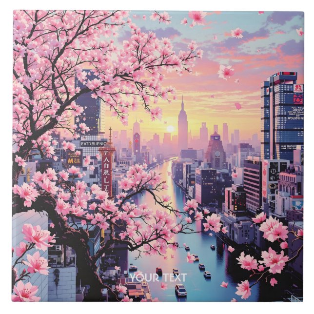 Fantasy Cute Pink Sakura City Tile (Front)