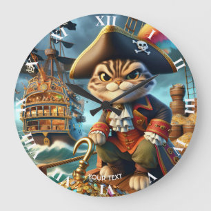 Fantasy Cute Pirate Cat Ship Large Clock