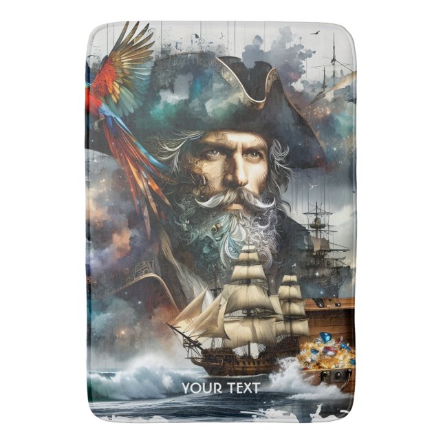 Fantasy Cute Pirate Sea Ship Bath Mat (Front Vertical)