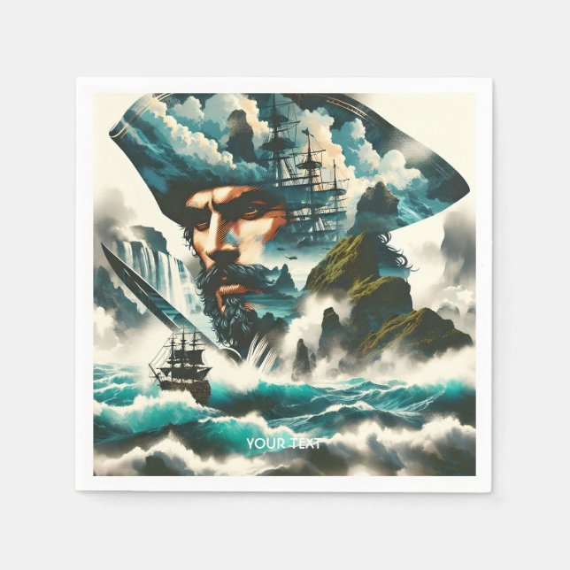 Fantasy Cute Pirate Ship Ocean Napkin (Front)