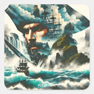 Fantasy Cute Pirate Ship Ocean Square Sticker