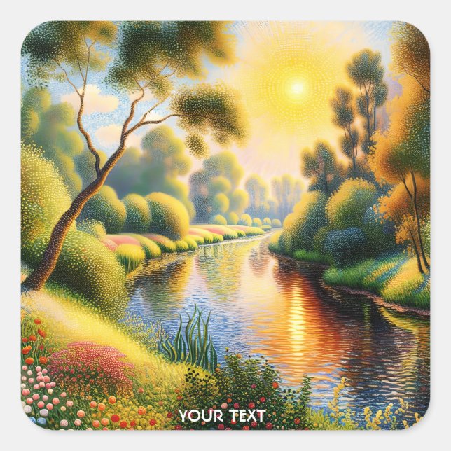 Fantasy Cute Pointillism Landscape River Square Sticker (Front)