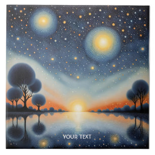 Fantasy Cute Pointillist Night Landscape Tile