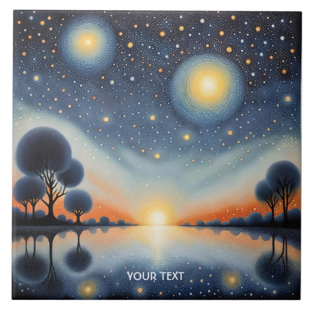 Fantasy Cute Pointillist Night Landscape Tile (Front)