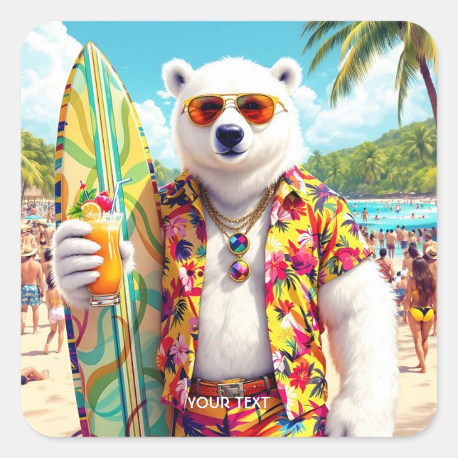 Fantasy Cute Polar Bear Beach Square Sticker (Front)