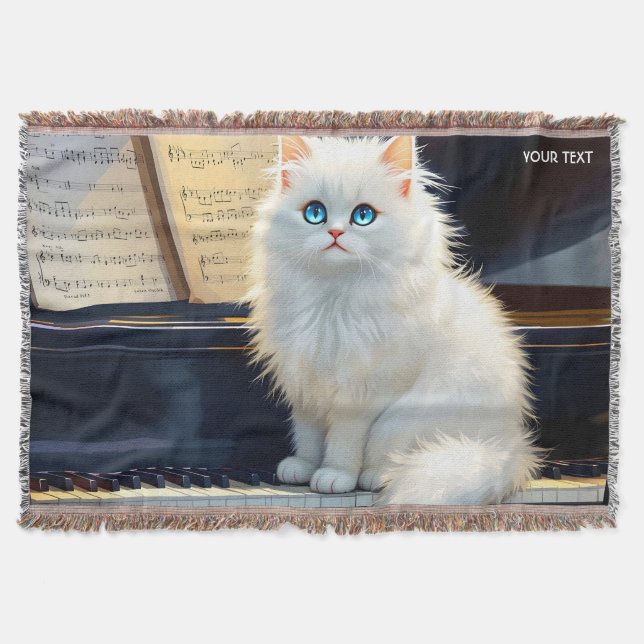 Fantasy Cute Ragdoll Cat On Piano Throw Blanket (Front)