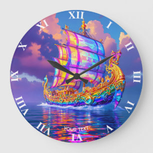 Fantasy Cute Rainbow Colours Ship Large Clock