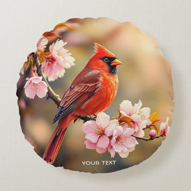 Fantasy Cute Red Bird Cherry Round Cushion (Front)