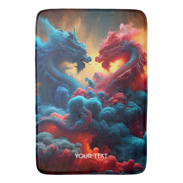 Fantasy Cute Red Blue Dragons Bath Mat (Front Vertical)