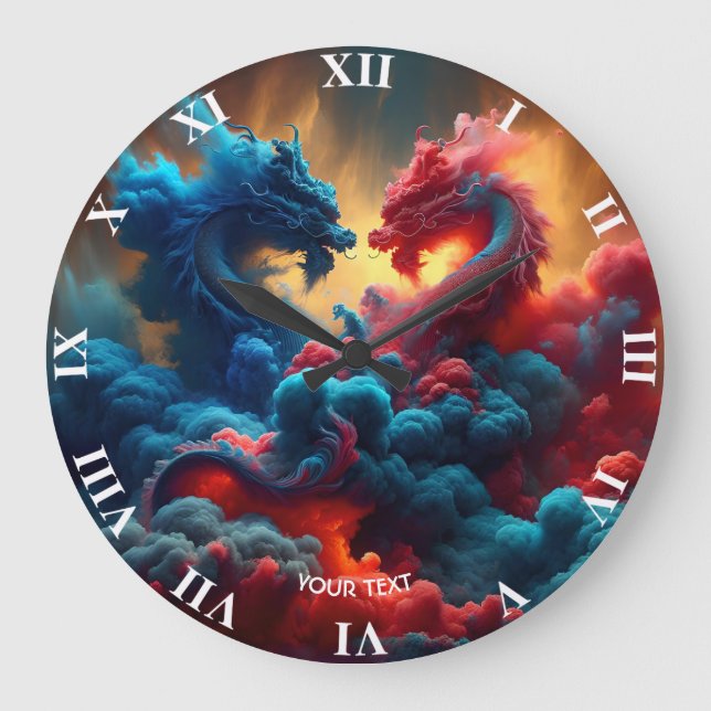 Fantasy Cute Red Blue Dragons Large Clock (Front)