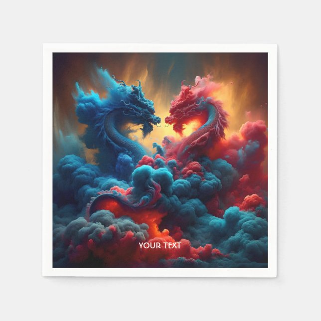 Fantasy Cute Red Blue Dragons Napkin (Front)