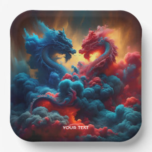 Fantasy Cute Red Blue Dragons Paper Plate