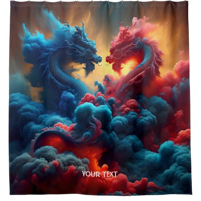Fantasy Cute Red Blue Dragons Shower Curtain (Front)