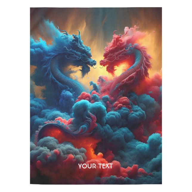 Fantasy Cute Red Blue Dragons Tablecloth (Front)