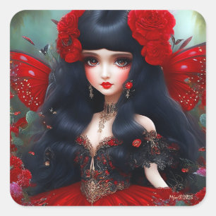 Fantasy Cute Red Fairy Princess Decoupage Square Sticker