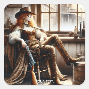 Fantasy Cute Red Hair Cowgirl Square Sticker