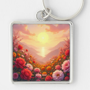 Fantasy Cute River Flowers Sunset Key Ring
