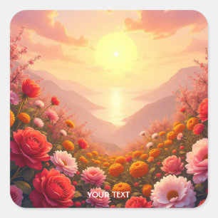 Fantasy Cute River Flowers Sunset Square Sticker