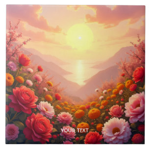 Fantasy Cute River Flowers Sunset Tile