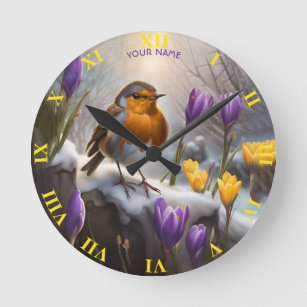 Fantasy Cute Robin Snow Flowers Round Clock