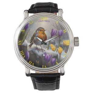 Fantasy Cute Robin Snow Flowers Watch