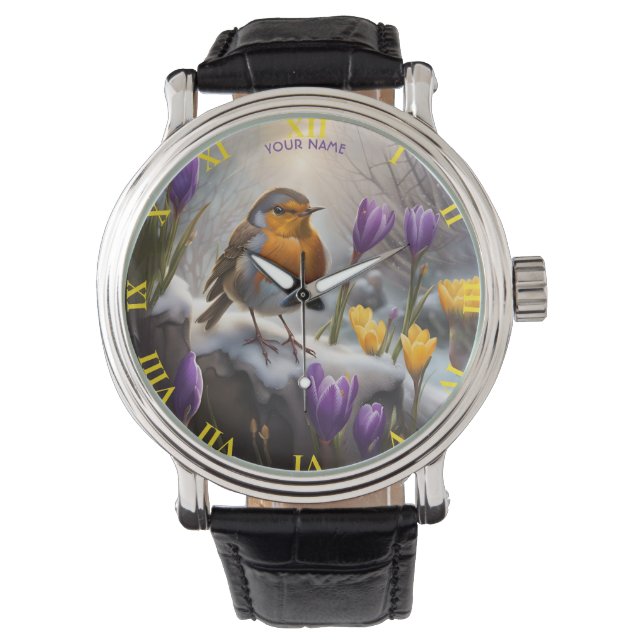 Fantasy Cute Robin Snow Flowers Watch (Front)